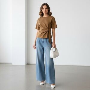 1194 • Golden Moss Rayon Blend Asymmetrical Tie Waist Top